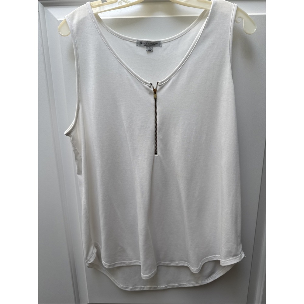 Green Envelope LA Tank Top Sleeveless Blouse Women's XL White Quarter Zip Hi-Lo